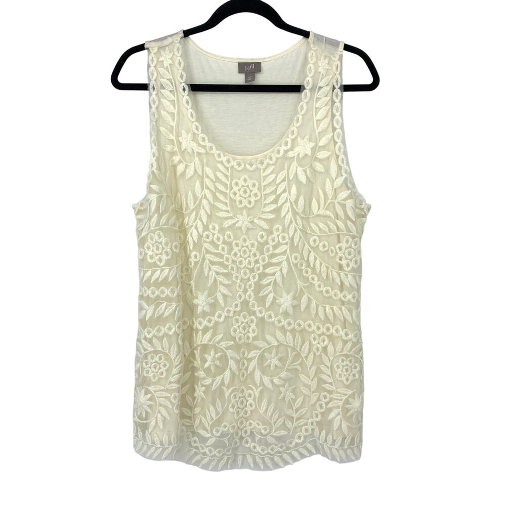 J. Jill Top Womens LP Cream Floral Leaf Embroidered Sheer Mesh Overlay